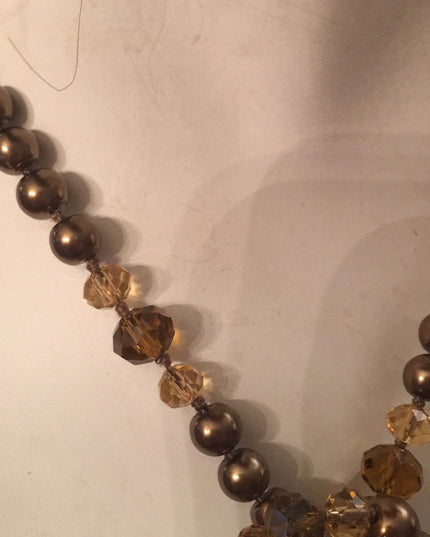 Glass pearl copper color with amber crystal necklace VG Long double up