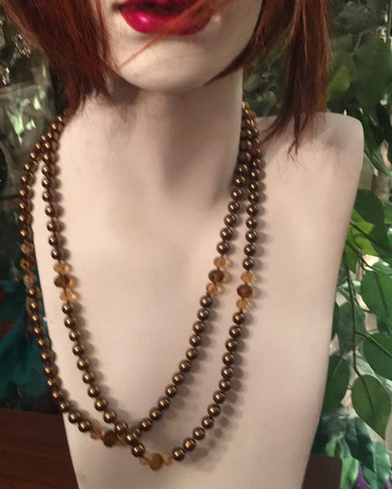 Glass pearl copper color with amber crystal necklace VG Long double up