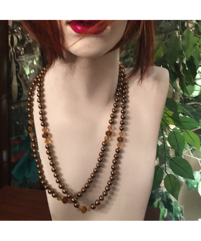 Glass pearl copper color with amber crystal necklace VG Long double up