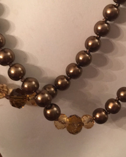 Glass pearl copper color with amber crystal necklace VG Long double up