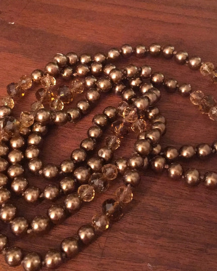 Glass pearl copper color with amber crystal necklace VG Long double up