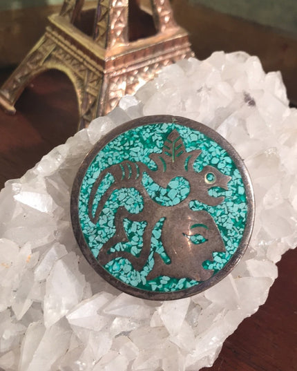 Vintage Silver Fancy mexico brooch mosaic turquois chips aztec