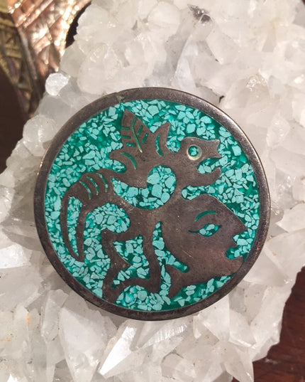 Vintage Silver Fancy mexico brooch mosaic turquois chips aztec