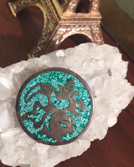 Vintage Silver Fancy mexico brooch mosaic turquois chips aztec