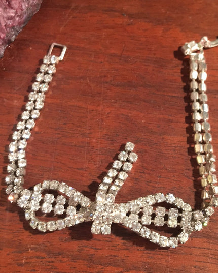 Vintage 1960s Crystal Czech silver finish fabcy large bow bracelet