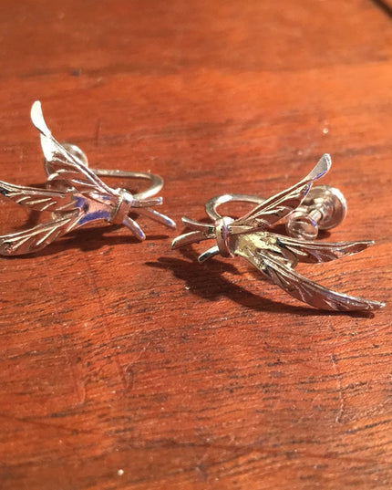 Vintage 1960s Sterling silver 925 leaf earrings .5” screw back