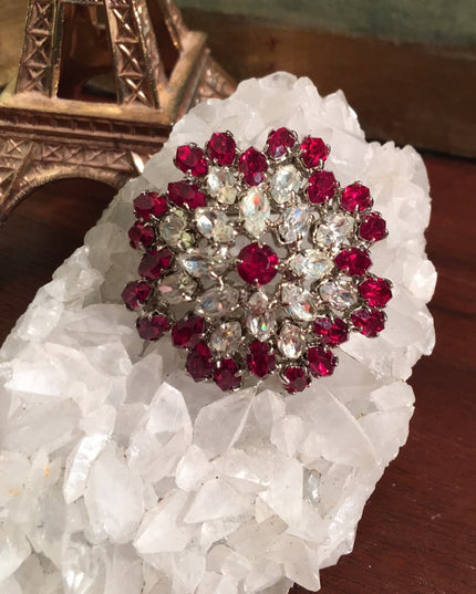 Vintage Red clear crystal fancy 1950 brooch chunky