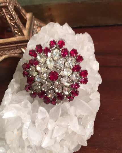 Vintage Red clear crystal fancy 1950 brooch chunky