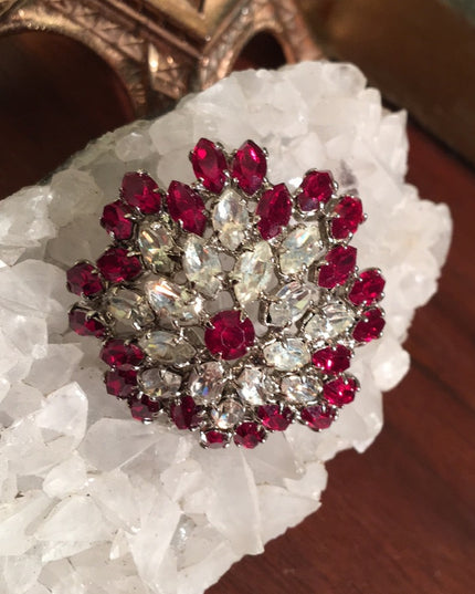 Vintage Red clear crystal fancy 1950 brooch chunky
