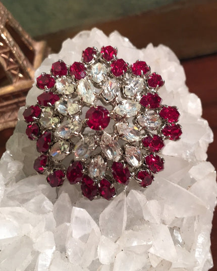 Vintage Red clear crystal fancy 1950 brooch chunky