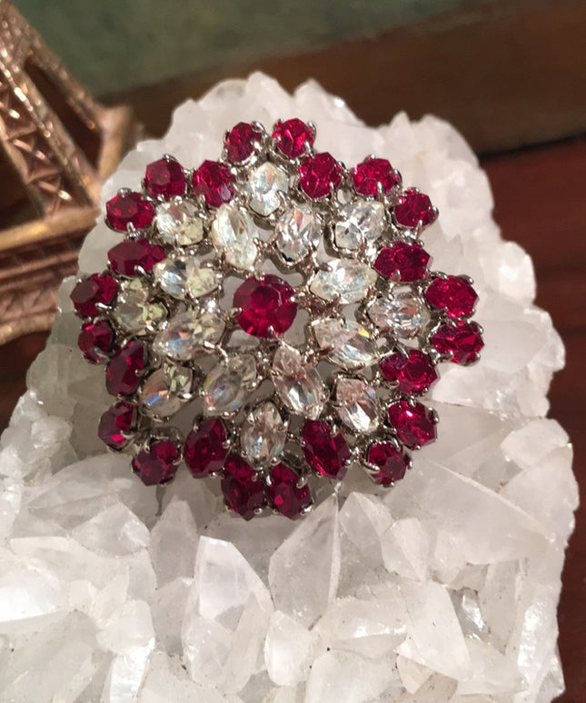 Vintage Red clear crystal fancy 1950 brooch chunky