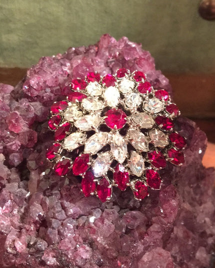 Vintage Red clear crystal fancy 1950 brooch chunky