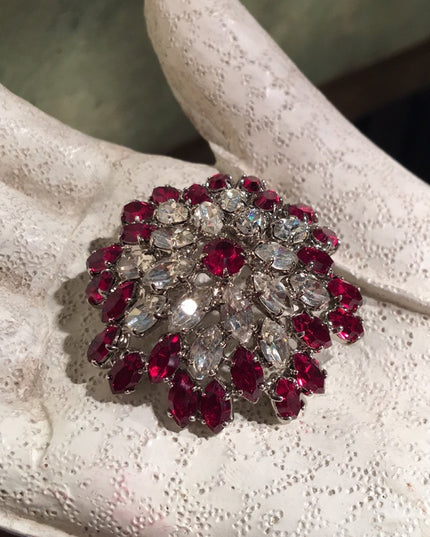 Vintage Red clear crystal fancy 1950 brooch chunky