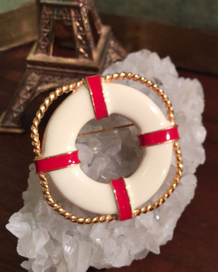 Vintage Buoy life saver enamel brooch gold tone