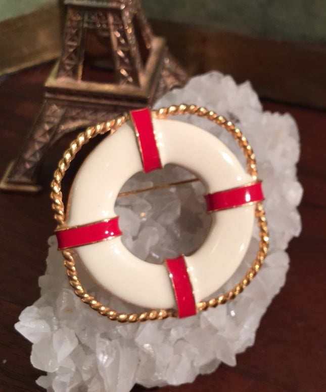 Vintage Buoy life saver enamel brooch gold tone