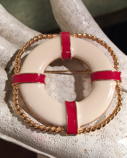 Vintage Buoy life saver enamel brooch gold tone
