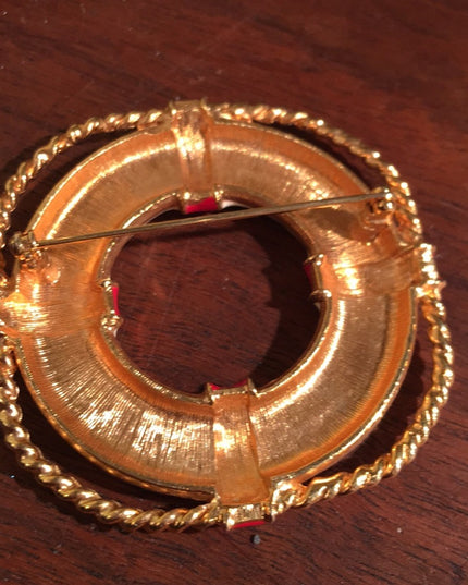 Vintage Buoy life saver enamel brooch gold tone