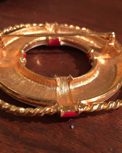 Vintage Buoy life saver enamel brooch gold tone