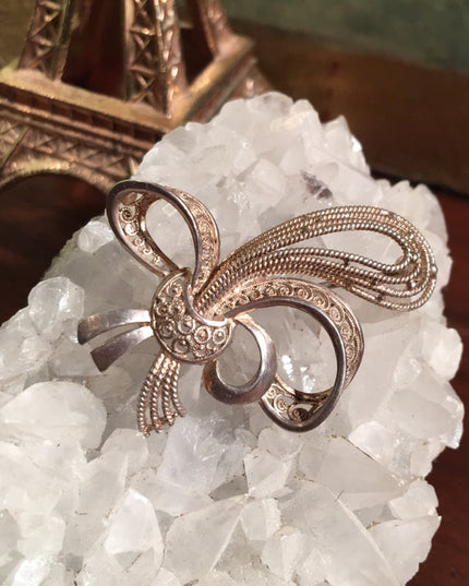 Victorian sterling  filagree Birks Bow brooch