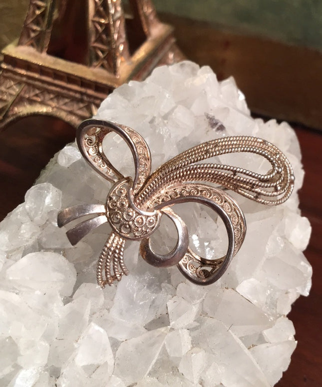 Victorian sterling  filagree Birks Bow brooch