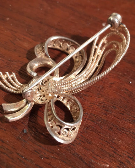 Victorian sterling  filagree Birks Bow brooch