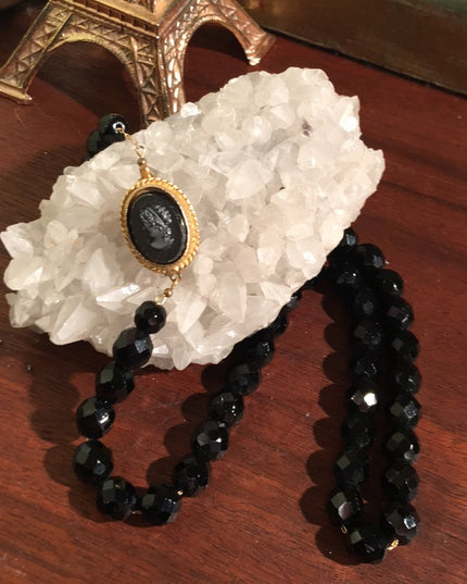 Vintage Cameo Black faceted glass crystal necklace
