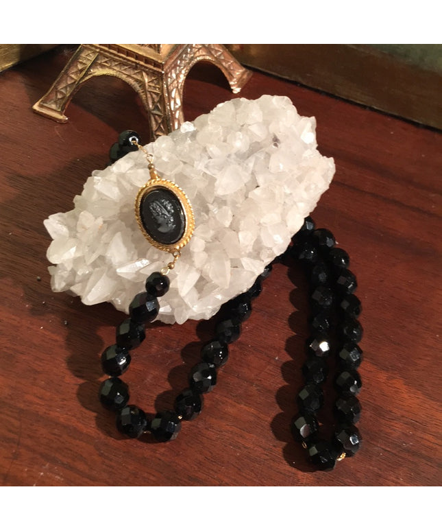 Vintage Cameo Black faceted glass crystal necklace