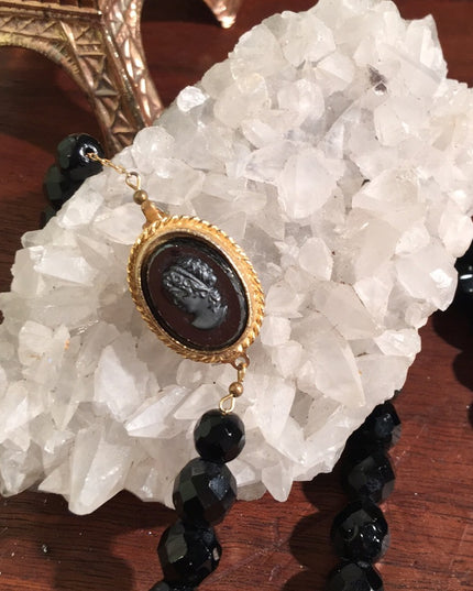 Vintage Cameo Black faceted glass crystal necklace