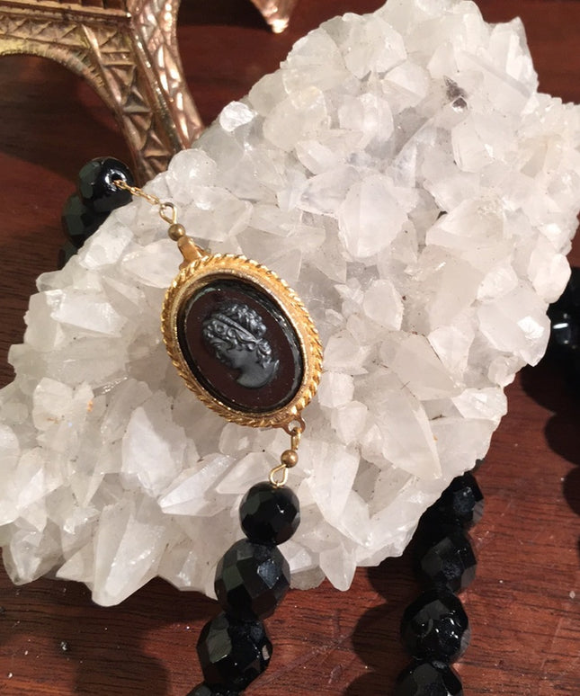 Vintage Cameo Black faceted glass crystal necklace