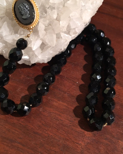 Vintage Cameo Black faceted glass crystal necklace