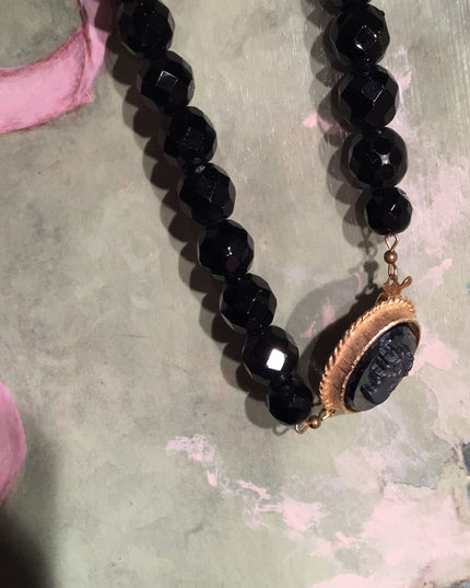 Vintage Cameo Black faceted glass crystal necklace