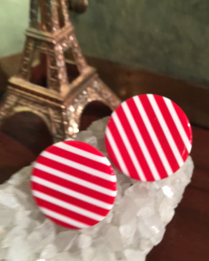 Vintage red white stripe plastic clip on earrings