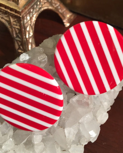 Vintage red white stripe plastic clip on earrings