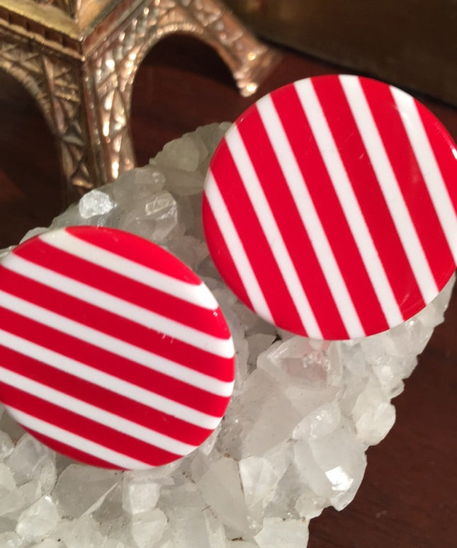 Vintage red white stripe plastic clip on earrings