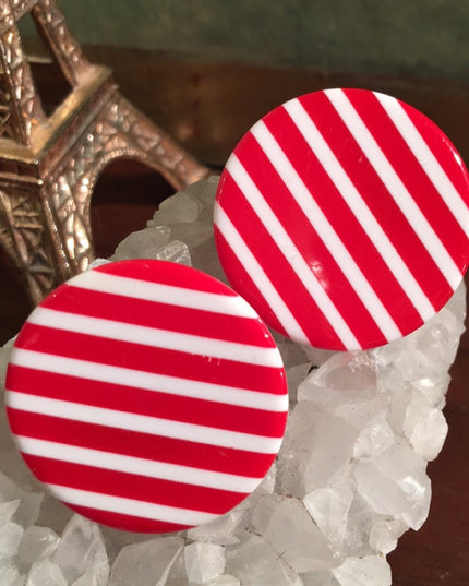 Vintage red white stripe plastic clip on earrings