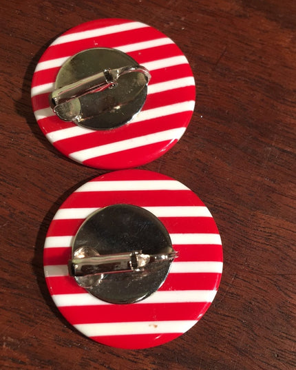 Vintage red white stripe plastic clip on earrings