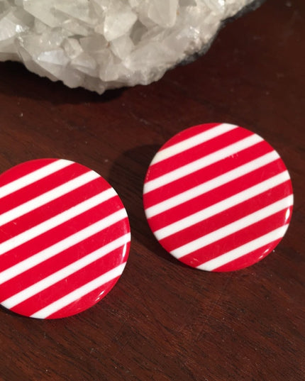 Vintage red white stripe plastic clip on earrings