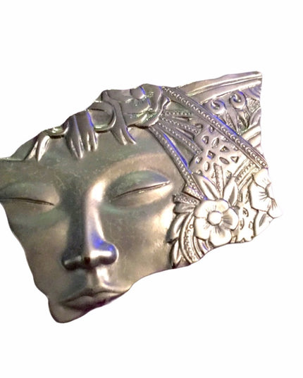Vintage Silver tone Heavy Lady face brooch flower etched