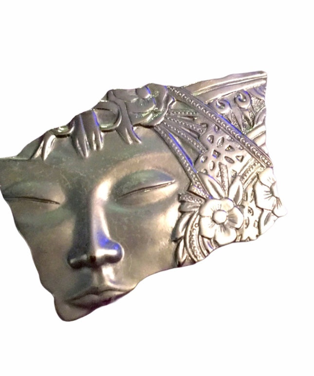 Vintage Silver tone Heavy Lady face brooch flower etched