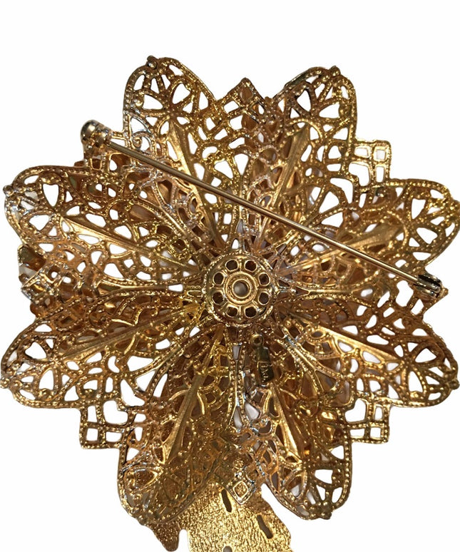 Vintage Gold faux pearl chunky 1960s flower brooch