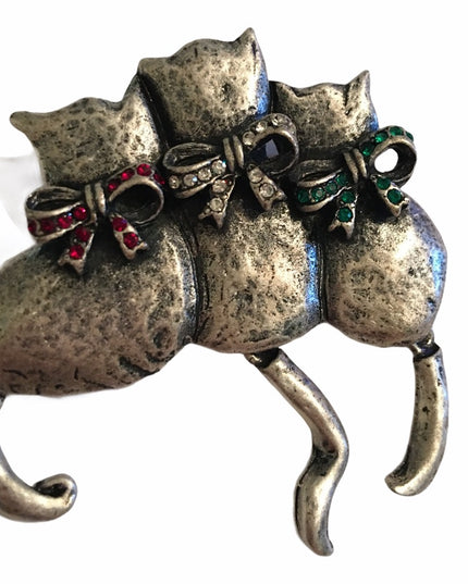 Vintage TC silver cat rhinestone christmas brooch