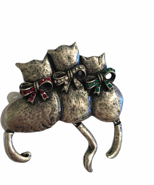 Vintage TC silver cat rhinestone christmas brooch