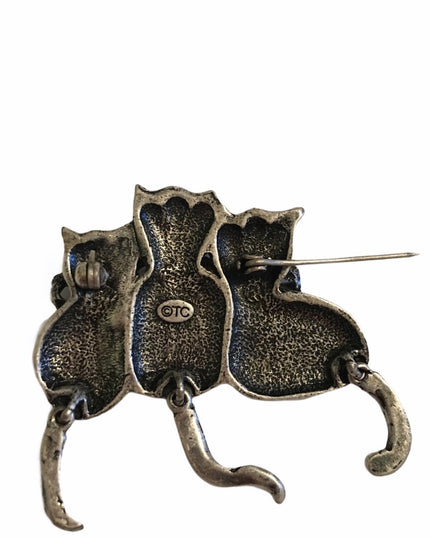 Vintage TC silver cat rhinestone christmas brooch