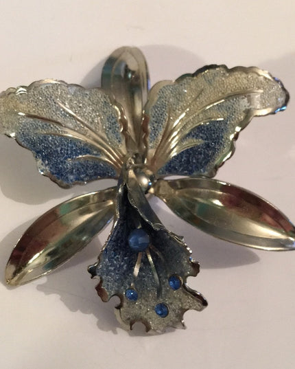 Vintage 1960s silver Orchid rhinestone brooch