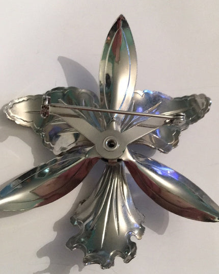 Vintage 1960s silver Orchid rhinestone brooch