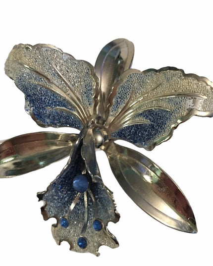 Vintage 1960s silver Orchid rhinestone brooch