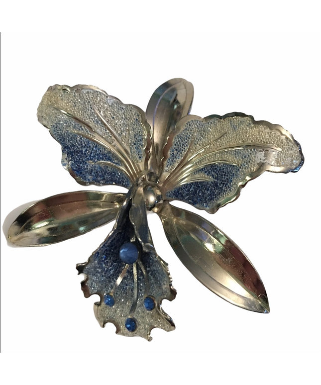 Vintage 1960s silver Orchid rhinestone brooch