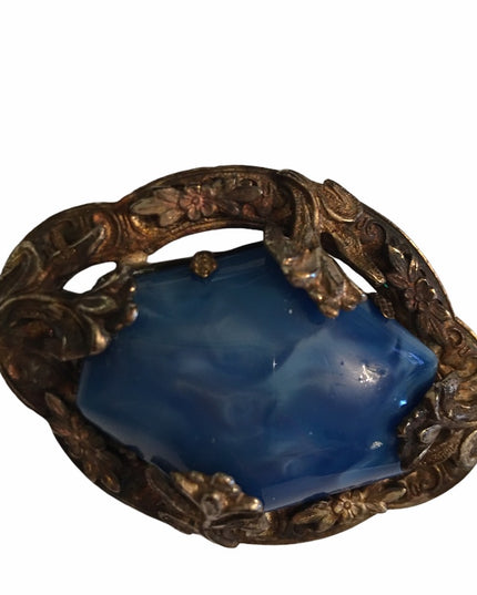 Vintage Blue glass silver Victorian styled brooch