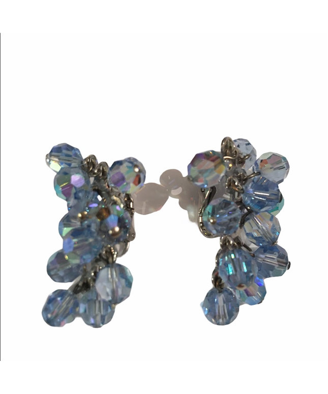 Vintage 1960s Crystal clip on dangle earrings blue