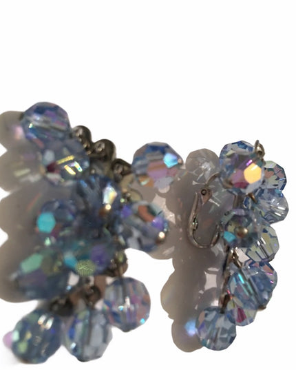 Vintage 1960s Crystal clip on dangle earrings blue